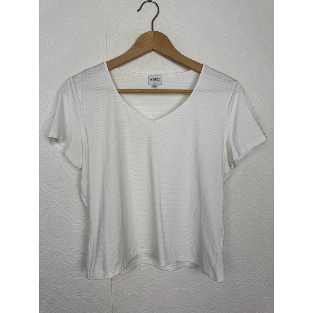 Armani Collezioni Womens White V-Neck Shadow Stripe Short Sleeve Top Size 14